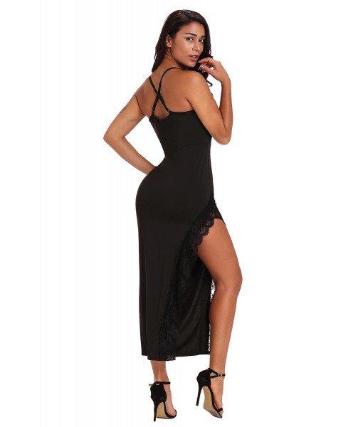 Black Side Slit Lace Trim Party Dress