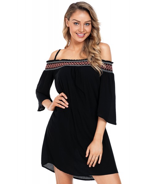 Black Off Shoulder Embroidered Neckline Boho Beach Dress