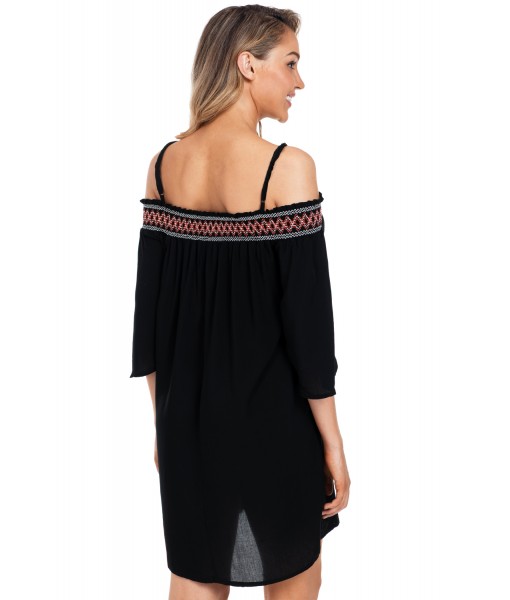 Black Off Shoulder Embroidered Neckline Boho Beach Dress