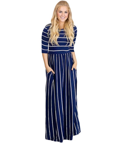 Navy White Striped Casual Pocket Style Maxi Dress