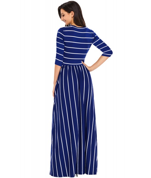 Navy White Striped Casual Pocket Style Maxi Dress