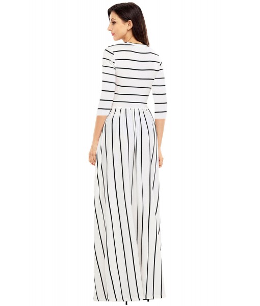 White Black Striped Casual Pocket Style Maxi Dress