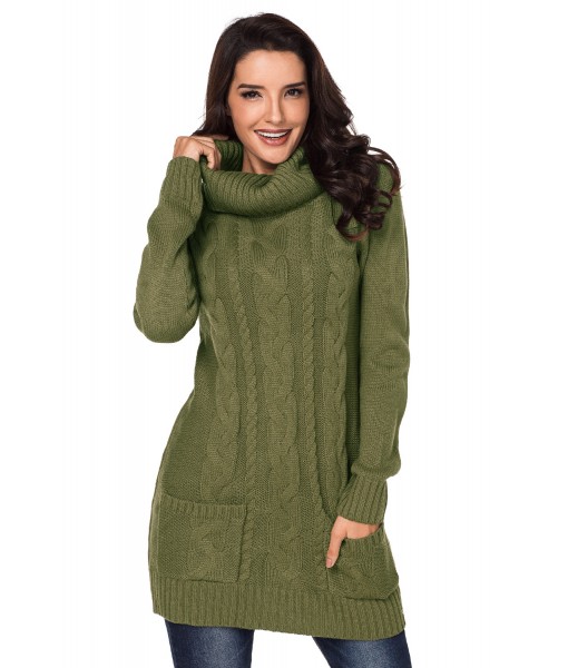 Olive Cowl Neck Cable Knit Sweater Dress