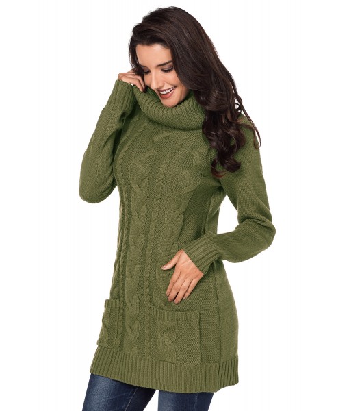 Olive Cowl Neck Cable Knit Sweater Dress