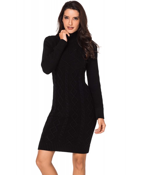 Black Cable Knit High Neck Sweater Dress