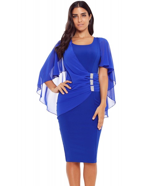 Blue Waist Pleats Rhinestone Detail Midi Dress