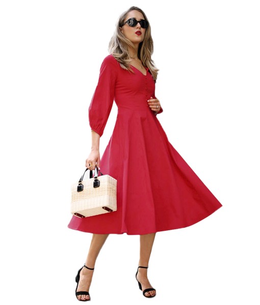 Red Button Front Balloon Sleeve Vintage Dress