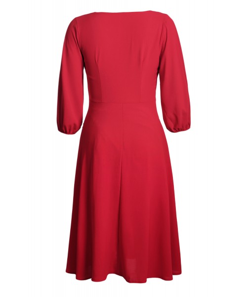 Red Button Front Balloon Sleeve Vintage Dress