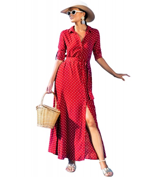 Red Polka Dot Button Down Maxi Shirt Dress