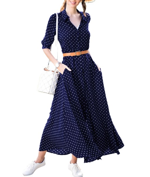 Navy Blue Polka Dot Button Down Maxi Shirt Dress