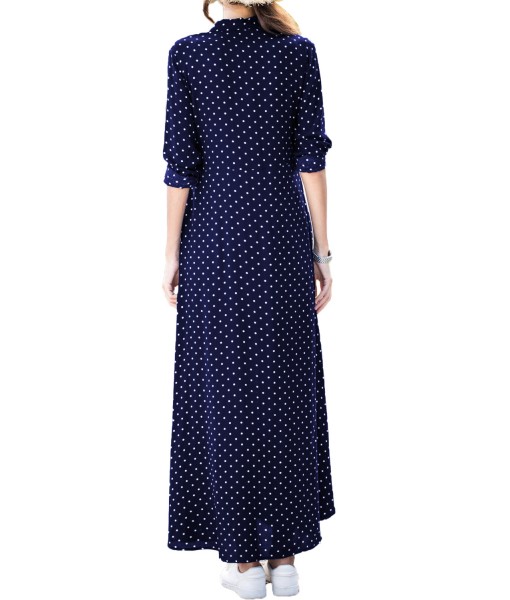 Navy Blue Polka Dot Button Down Maxi Shirt Dress