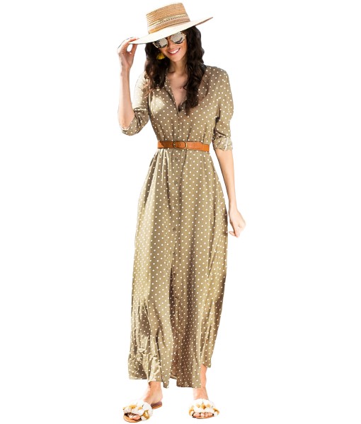 Olive Green Polka Dot Button Down Maxi Shirt Dress