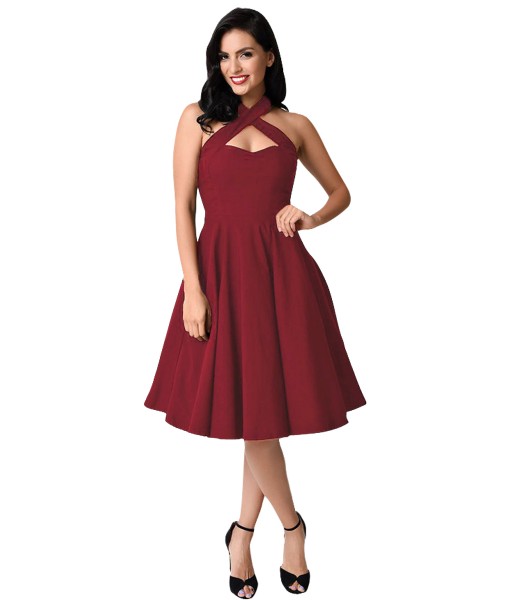 Burgundy Cross Halter Vintage Flare Dress