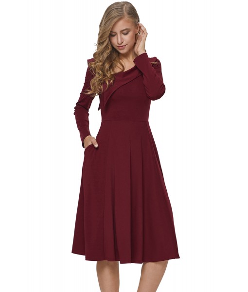 Burgundy Retro Inspired Asymmetric Collar Flared Dress