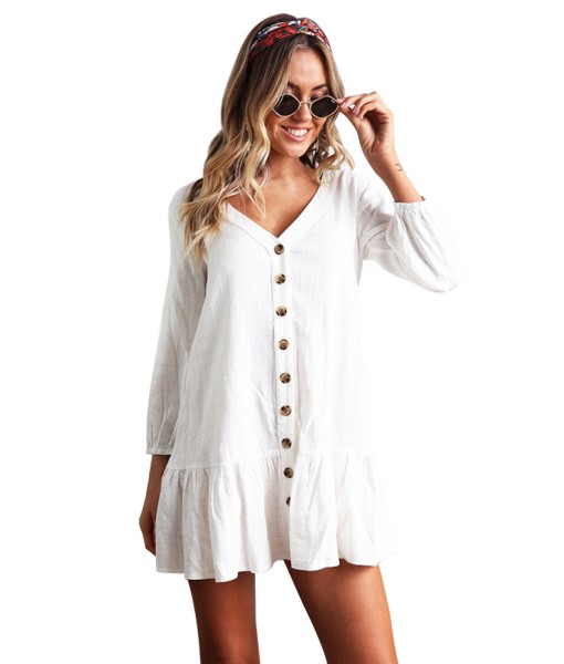 Sleeved Button Down White Casual Short Dress