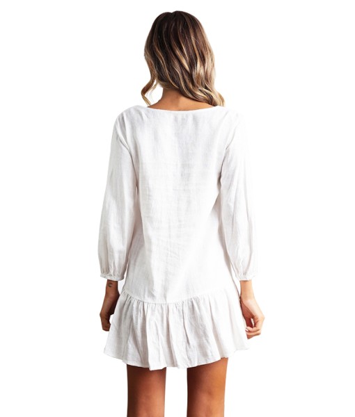 Sleeved Button Down White Casual Short Dress