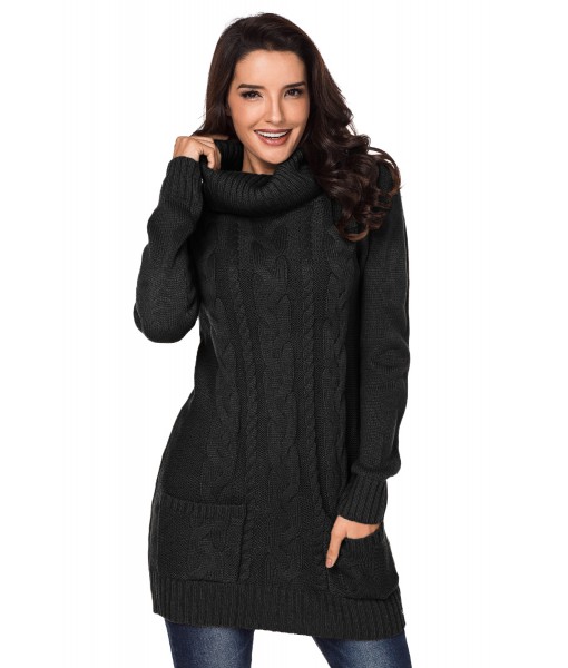 Black Cowl Neck Cable Knit Sweater Dress