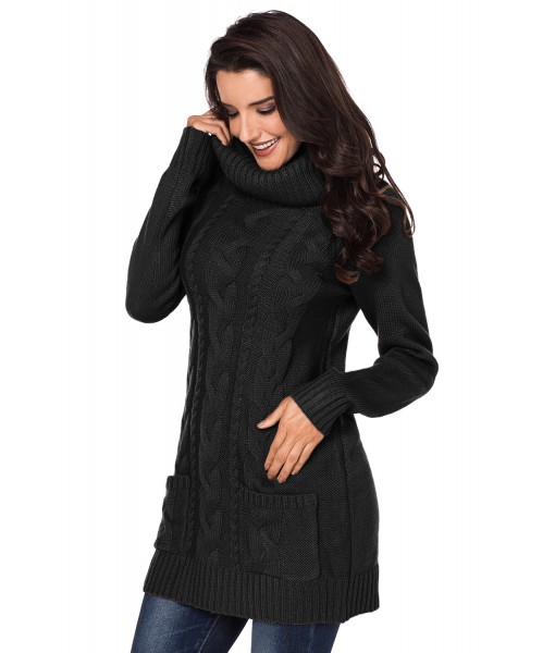 Black Cowl Neck Cable Knit Sweater Dress