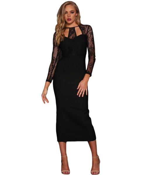 Black Lace Splice Bodycon Midi Dress