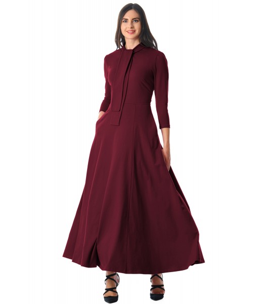 Burgundy Pocketed 3/4 Sleeves Tie Neck Maxi Dress