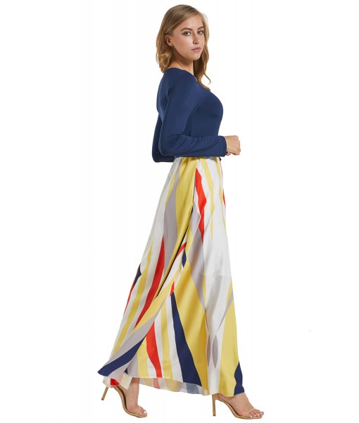 Blue Long Sleeve Yellowish Striped Skirt Maxi Dress