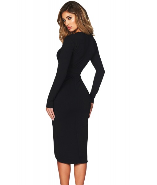 Black Faux Wrap V Neck Long Sleeve Midi Dress