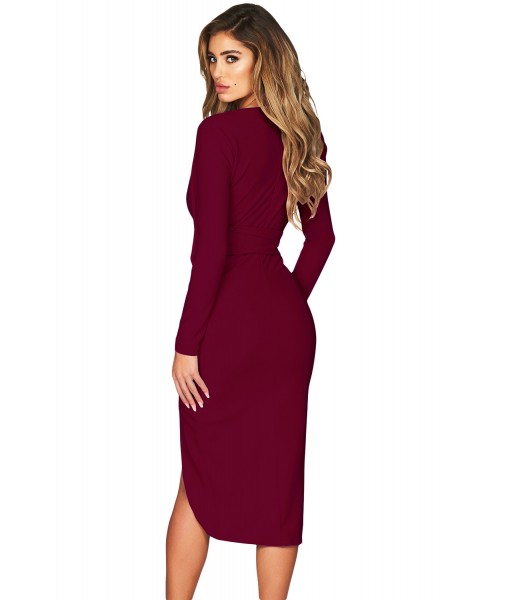 Burgundy Faux Wrap V Neck Long Sleeve Midi Dress