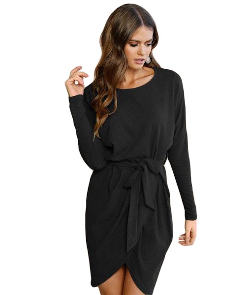 Black Casual Tie Waist Long Sleeve Mini Dress