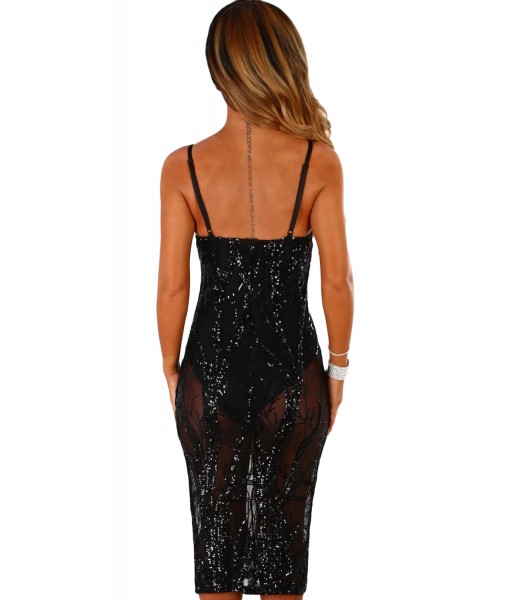 Black Sheer Sequined Midi Bodysuit Dress