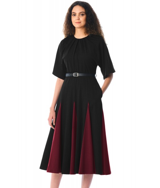 Black Burgundy Godet Colorblock A-line Midi Dress