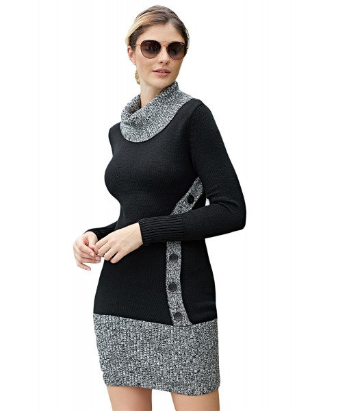 Black Gray Button Front Sweater Dress