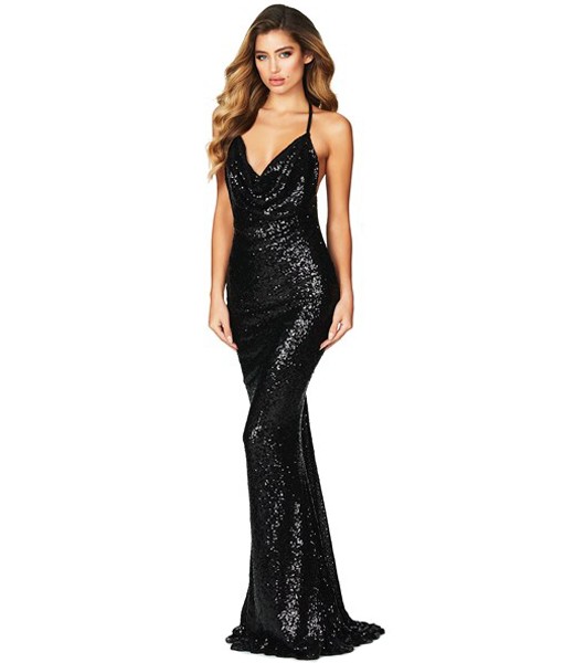 Black Daring Bare Back Sequined Mermaid Gown