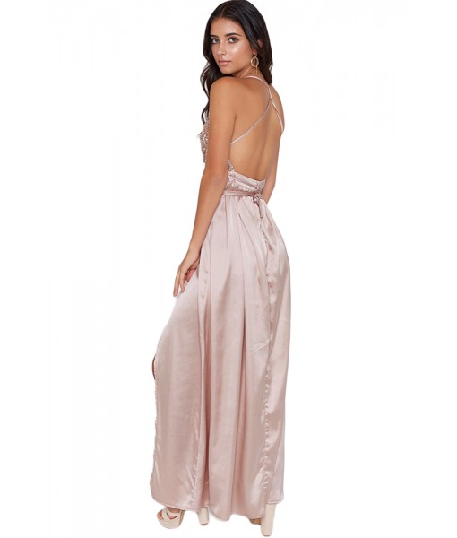 Apricot Sequined Silky Maxi Party Dress