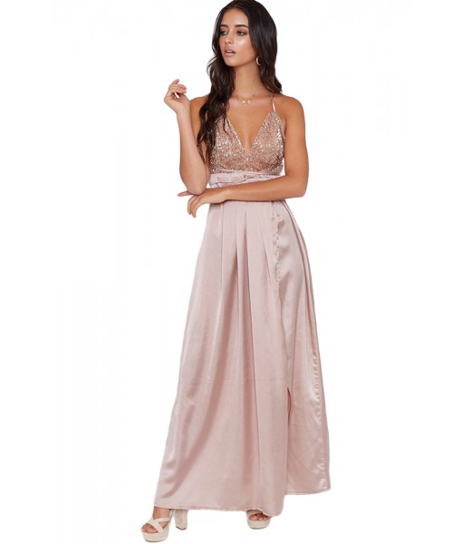 Apricot Sequined Silky Maxi Party Dress