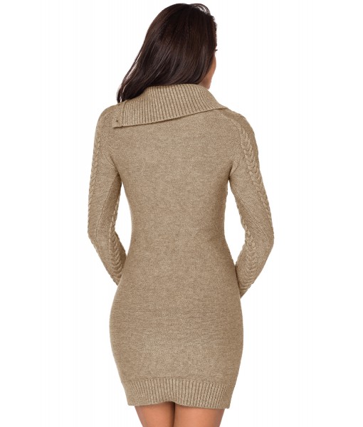 Asymmetric Buttoned Collar Apricot Bodycon Sweater Dress