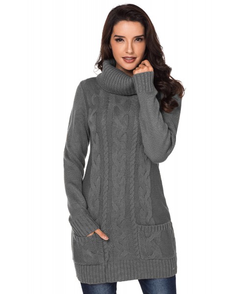 Gray Cowl Neck Cable Knit Sweater Dress