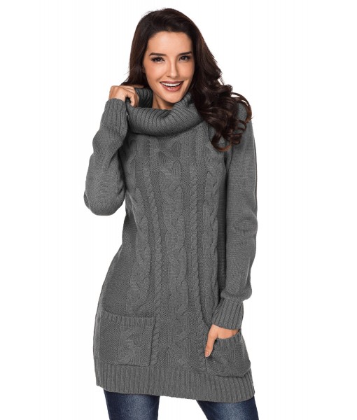 Gray Cowl Neck Cable Knit Sweater Dress