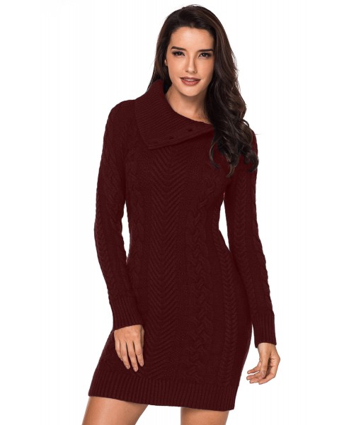 Asymmetric Buttoned Collar Burgundy Bodycon Sweater Dress