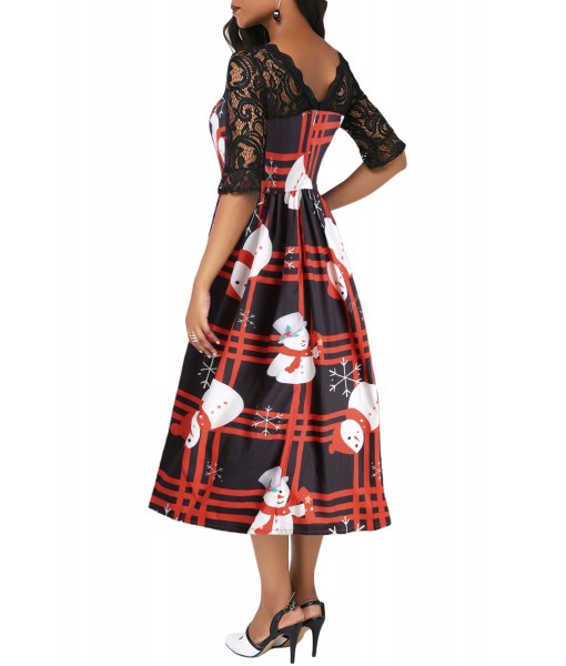 Vintage Snowman Plaid Christmas Print Flared Dress